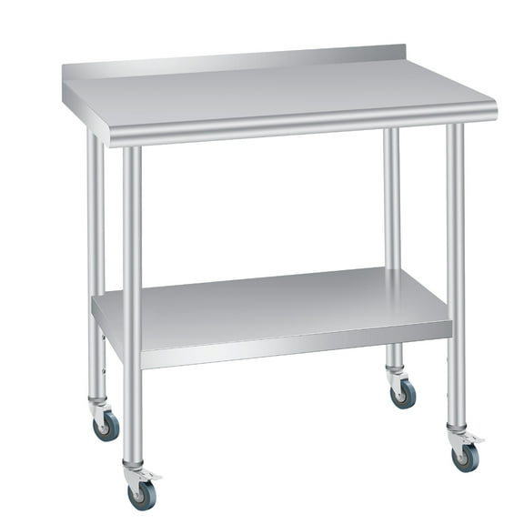 30x24 InchStainless Steel Prep Table - Commercial Kitchen Workstation with Backsplash, 4 Casters & Adjustable Shelf
