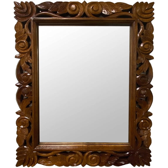 30x24 Wooden Mirror Carved | Traditional Handcrafted Vintage Scroll Brown Wood Mirror | DecorShore