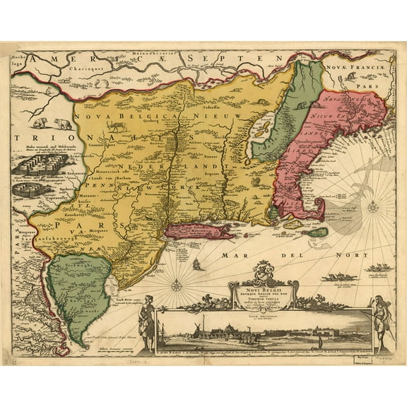 30x24in Laminated Vintage Maps Photographic Print Poster New Netherlands and New England, and parts of Virginia, old rare maps