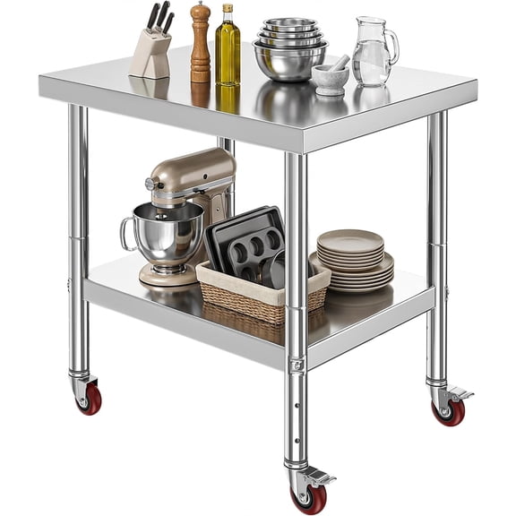  30x24in Stainless Steel Table, NSF Metal Prep Worktable with Adjustable Shelf & Wheels for Kitchen Restaurant Hotel Garage Warehouse Home