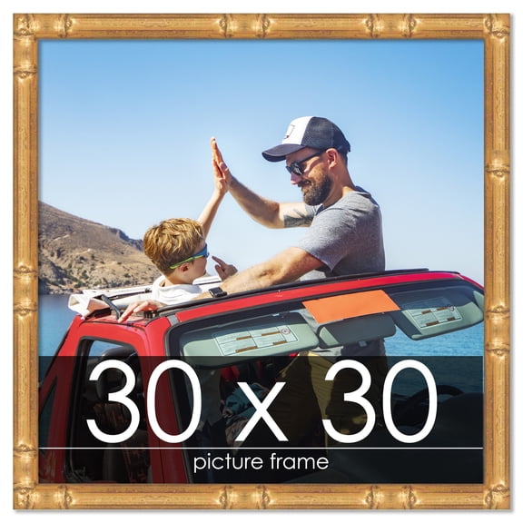 30x30 Gold Thin Bamboo Picture Frame - UV Acrylic, Foam Board Backing, Hanging Hardware