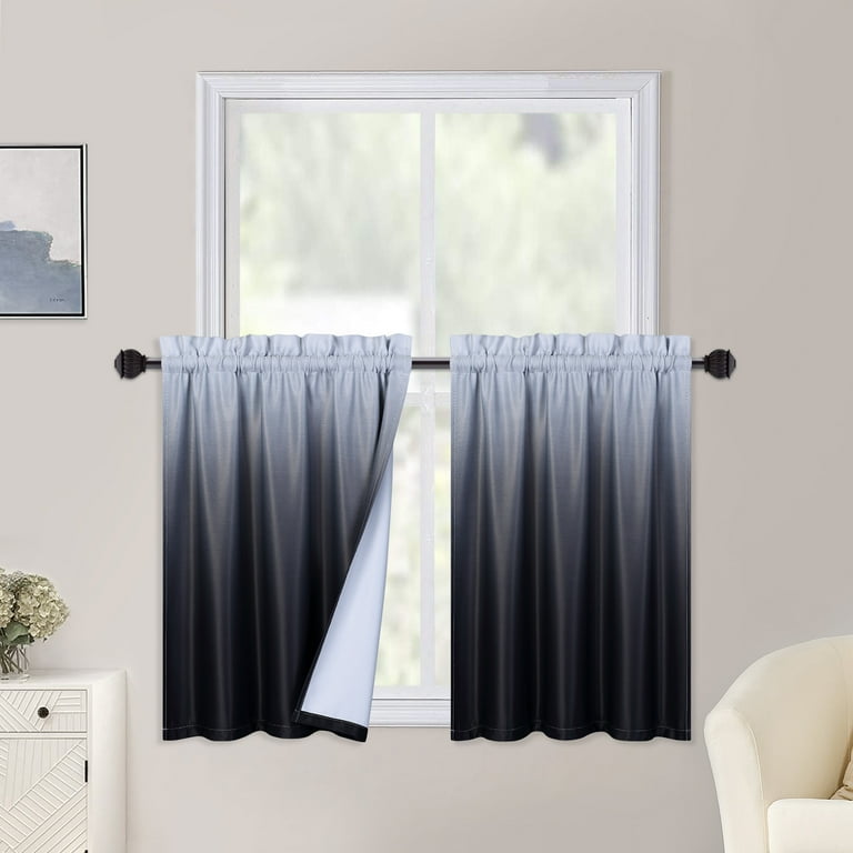 30x30 Bathroom Window Curtains Short Tier Curtain for Kitchen Bathroom Ombre Blackout Cafe Curtains Black 2 Panels