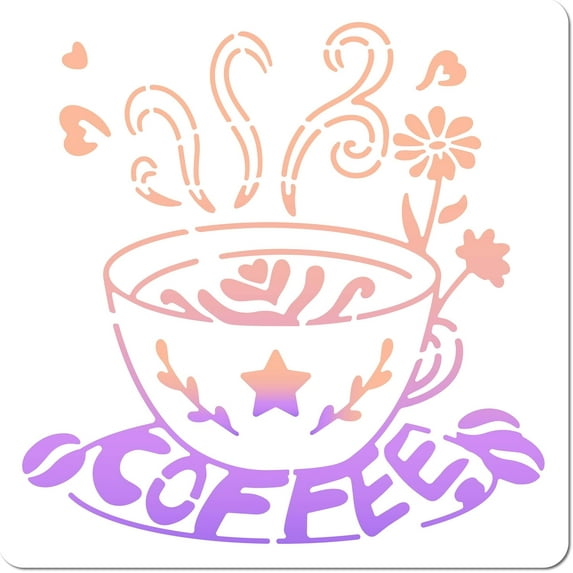 30x30cm Coffee Cup Stencil Hot Drinks Template Coffee Cup with Steam Flowers Coffee Beans Pattern Reusable Plastic Square Stencils for Painting on Wall Furniture Fabric Cafe Bar Decoration