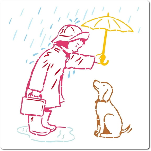 30x30cm Rainy Day Stencil Large Banksy Template Woman and Dog Under Umbrella Pattern Reusable Drawing Crafts Stencil for Painting on Wood Wall Furniture Canvas Fabrics Home DIY Decoration Mixed Color