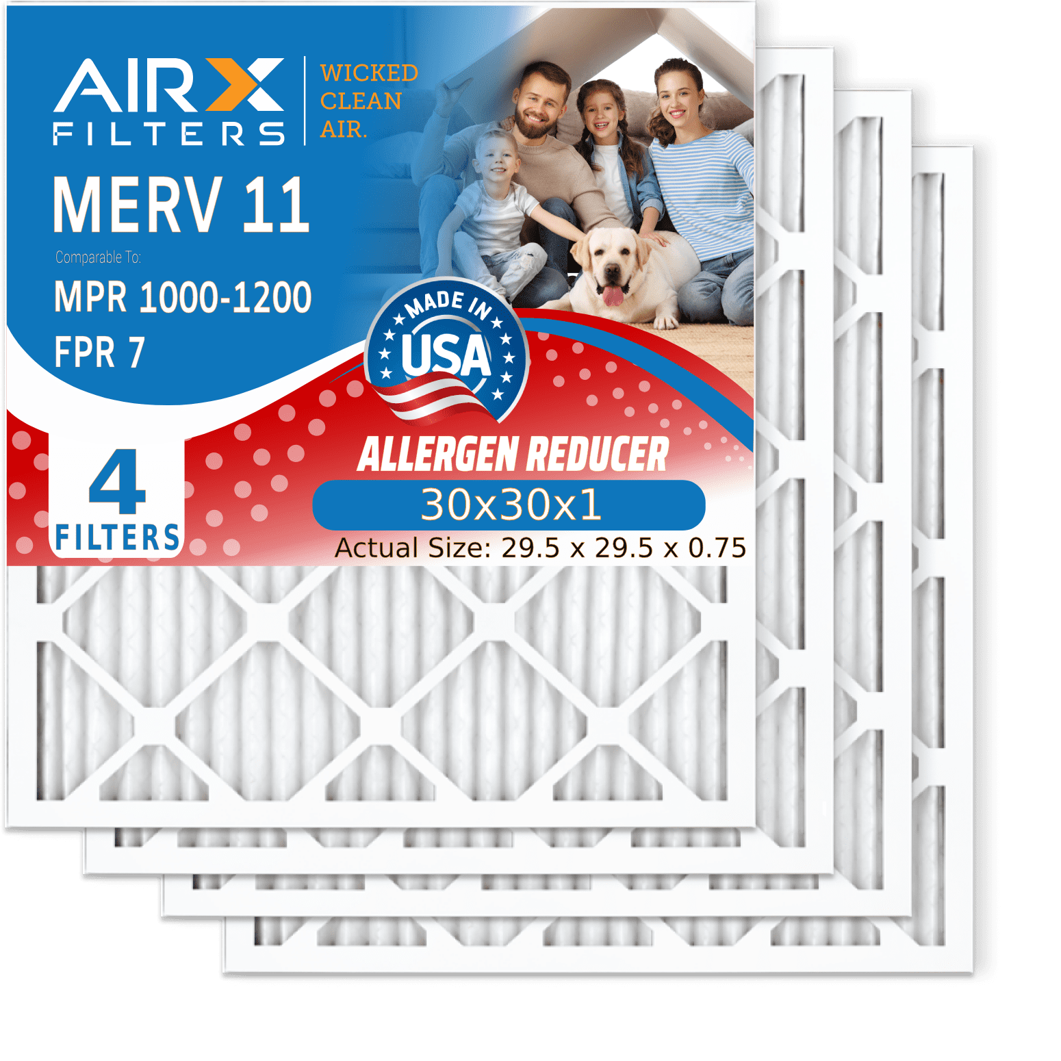 30x30x1 Air Filter MERV 11 Comparable to MPR 1000, MPR 1200 & FPR 7 Electrostatic Pleated Air Conditioner Filter 4 Pack HVAC Premium USA Made 30x30x1 Furnace Filters by AIRX FILTERS WICKED CLEAN AIR.