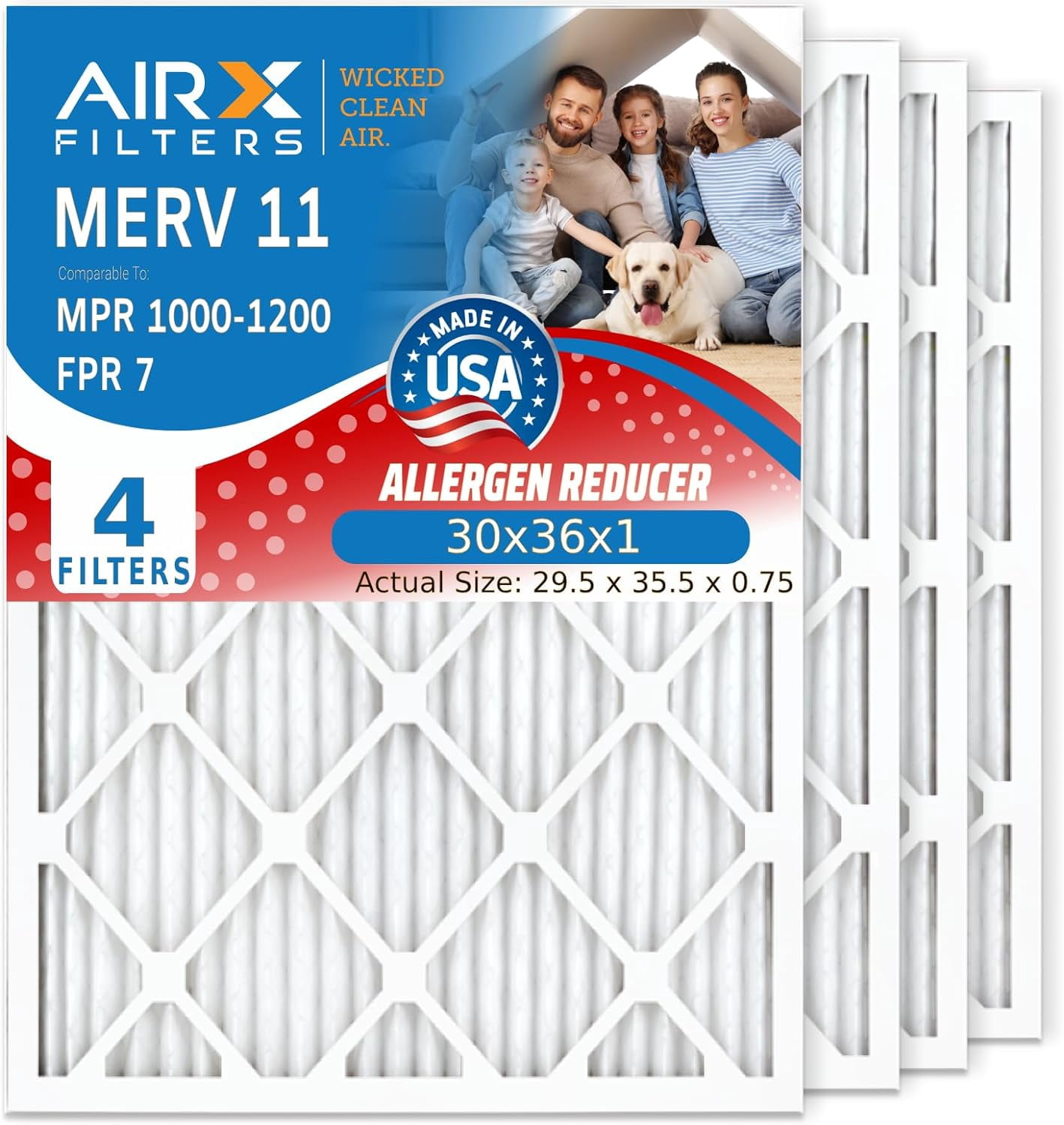 30x36x1 Air Filter MERV 11 Comparable to MPR 1000, MPR 1200 & FPR 7 Electrostatic Pleated Air Conditioner Filter 4 Pack HVAC Premium USA Made 30x36x1 Furnace Filters by AIRX FILTERS WICKED CLEAN AIR.