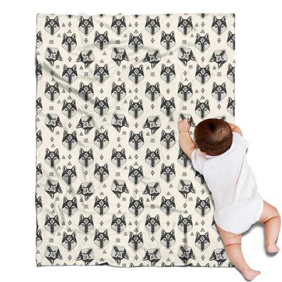 30x40 Inch Flannel Fleece Blanket for Men, Women & Kids, Soft, Lightweight, All-Season,Wolf Geometric Portrait Beige Pattern