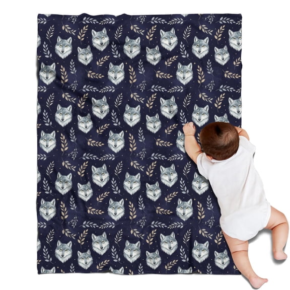 30x40 Inch Flannel Fleece Blanket for Men, Women & Kids, Soft, Lightweight, All-Season,Wolf Portrait Floral Dark Blue Pattern
