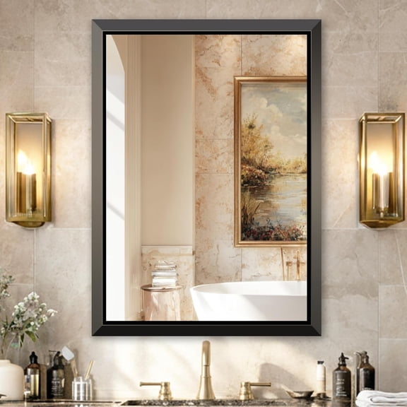 30x40 Inch Floating Bathroom Mirror - Brushed Black Wall Mirror for Over Sink, Beveled Aluminum Frame, Anti-Rust, Rectangular HD Reflection Large Vanity Mirror(Copper-Free Silver Coating)