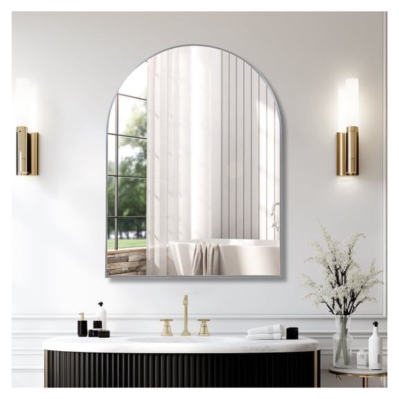 30x40 Inch Silver Metal Framed Arched Bathrrom Mirror for Wall.