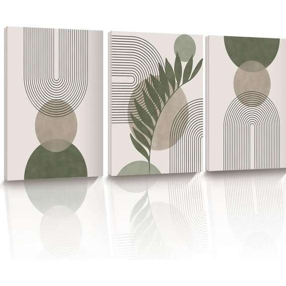 30x40CM Sage Green Boho Wall Art,Framed Canvas Bathroom Wall Art Pictures, Mid-Century Modern Wood Framed Abstract Prints for Bedroom,Minimalist Office Wall Decor 3Pack