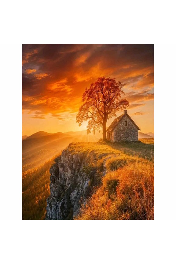 30x40cm/11.8x15.75in 5D Full Drill Autumn Cabin Sunset Diamond Painting Kit - Cozy Mountain Scenery DIY Wall Art Decor
