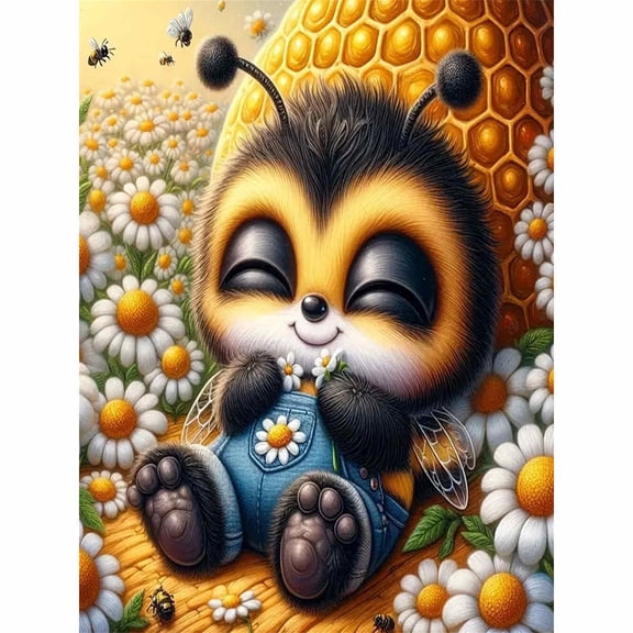 30x40cm/11.8x15.75in 5D Full Drill Cute Bumblebee Cub Diamond Painting Kit - Daisy Field & Honeycomb Scene DIY Wall Art Decor