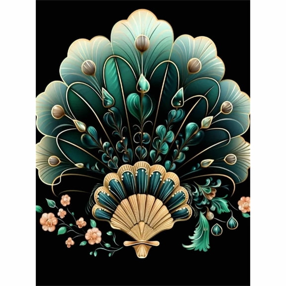 30x40cm/11.8x15.75in 5D Full Drill Emerald Gilded Fan Motif Diamond Painting Kit - Luxury Peacock Feather & Floral Scene DIY Wall Art Decor