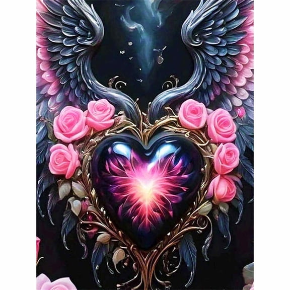 30x40cm/11.8x15.75in 5D Full Drill Enchanted Glowing Heart Diamond Painting Kit - Angel Wings & Pink Rose Scene DIY Wall Art Decor