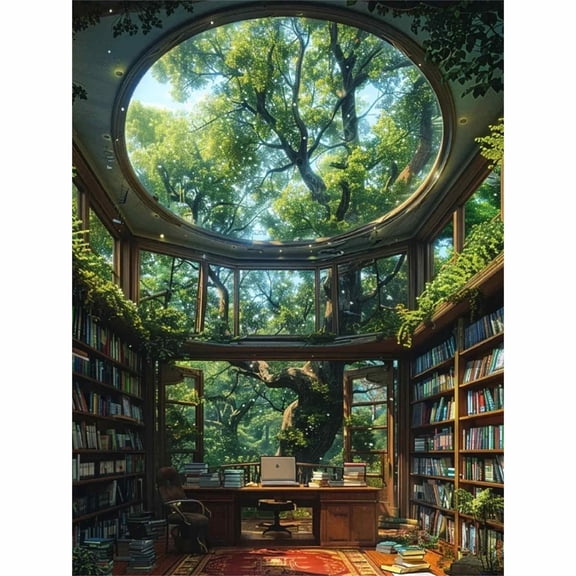 30x40cm/11.8x15.75in 5D Full Drill Forest Library Diamond Painting Kit - Magical Treehouse Study Room DIY Wall Art Decor
