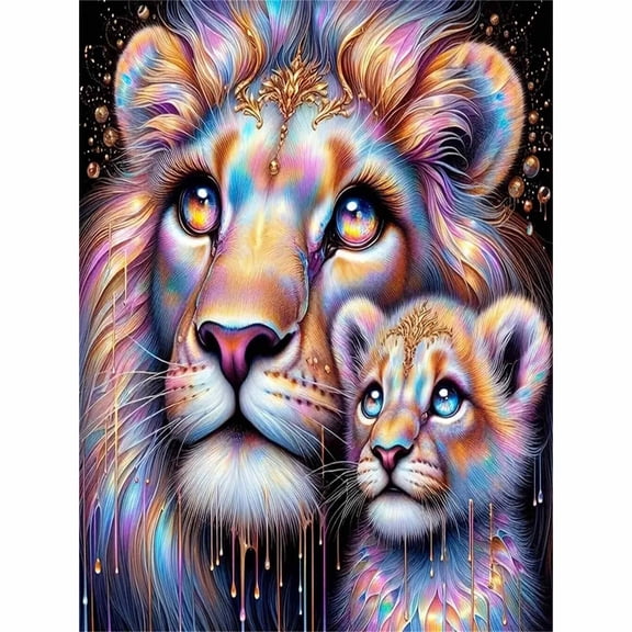 30x40cm/11.8x15.75in 5D Full Drill Iridescent Lion & Cub Diamond Painting Kit - Magical Glittering Parent-Child Animal Scene DIY Wall Art Decor