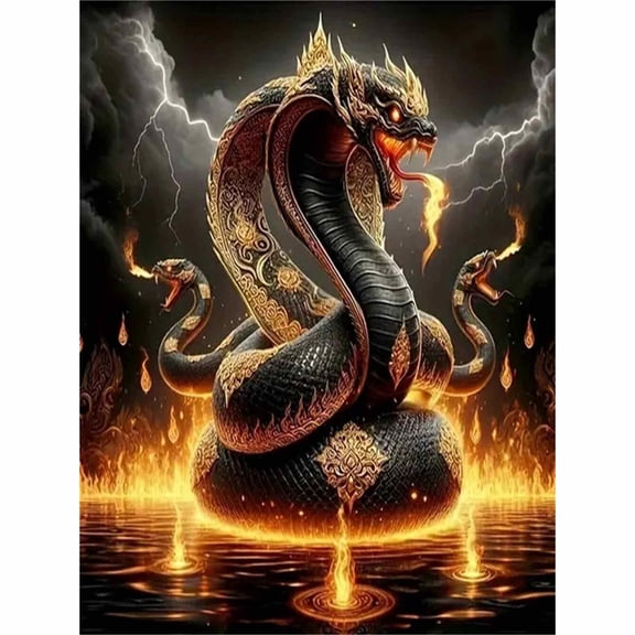 30x40cm/11.8x15.75in 5D Full Drill Mythical Three-Headed Serpent Diamond Painting Kit - Flaming Thai Ornate Snake Scene DIY Wall Art Decor
