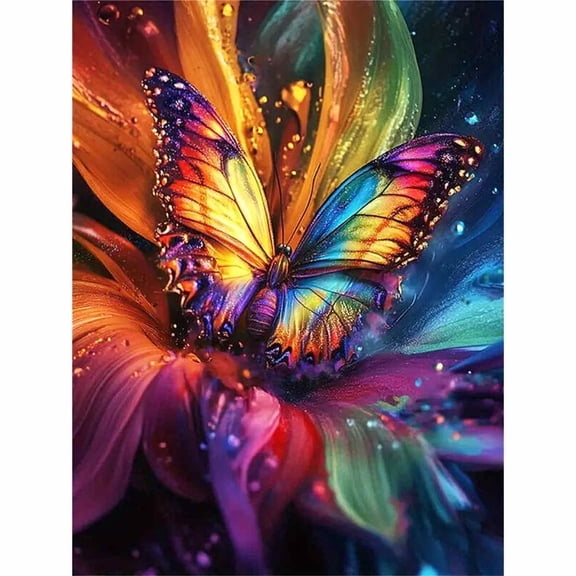 30x40cm/11.8x15.75in 5D Full Drill Rainbow Butterfly & Flower Diamond Painting Kit - Vibrant Glittering Floral Insect DIY Wall Art Decor
