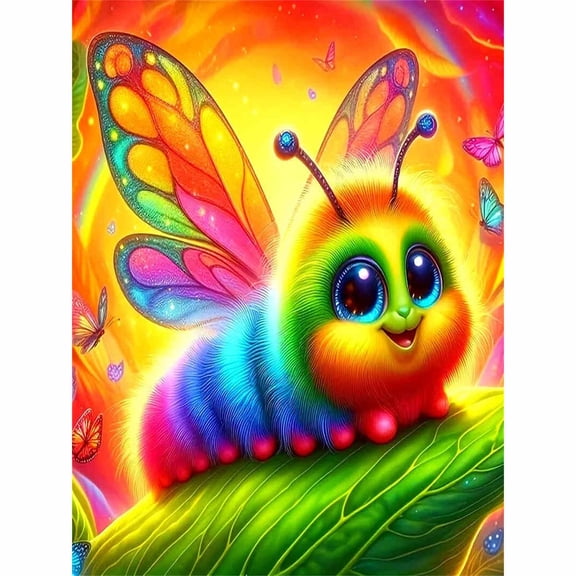 30x40cm/11.8x15.75in 5D Full Drill Rainbow Caterpillar Butterfly Diamond Painting Kit - Vibrant Glittering Fantasy Insect Scene DIY Wall Art Decor
