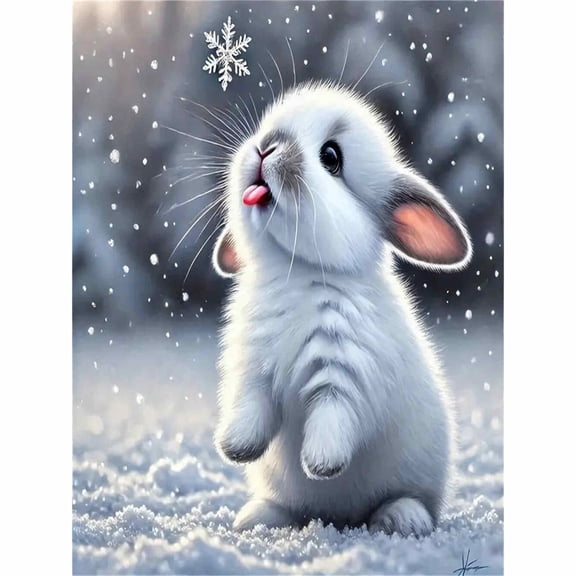 30x40cm/11.8x15.75in 5D Full Drill Snow Rabbit Diamond Painting Kit - Cute Winter Bunny DIY Arts Craft for Home Decor
