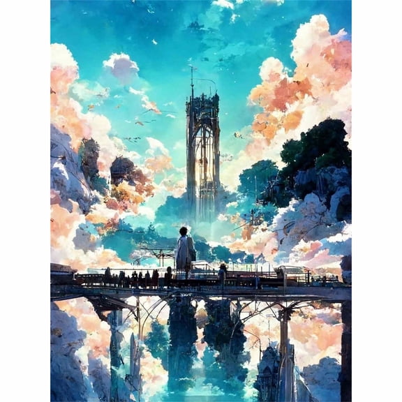 30x40cm/11.8x15.75in Anime-Style Floating City Tower 5D DIY Diamond Painting Kit - Dreamy Sky Bridge & Colorful Clouds Full Drill Diamond Art