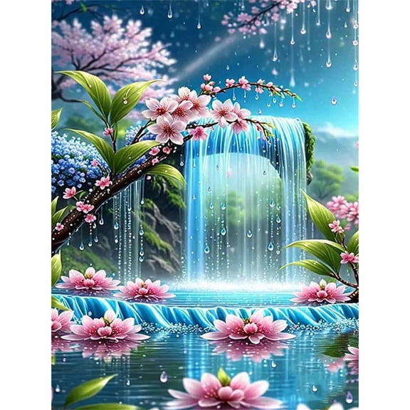 30x40cm/11.8x15.75in Cherry Blossom Waterfall in Rain 5D DIY Diamond Painting Kit - Serene Floral Water Garden Scene Full Drill Diamond Art