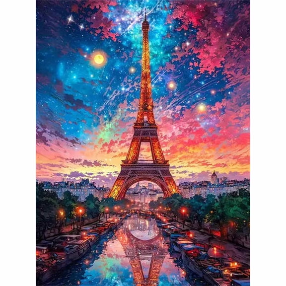 30x40cm/11.8x15.75in Eiffel Tower Under Starry Galaxy Sky 5D DIY Diamond Painting Kit - Paris Canal Reflection Full Drill Diamond Art