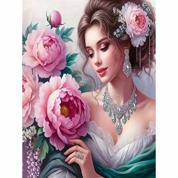 30x40cm/11.8x15.75in Elegant Lady with Pink Peonies & Jewelry 5D DIY Diamond Painting Kit - Graceful Floral Portrait Art Full Drill Diamond Art