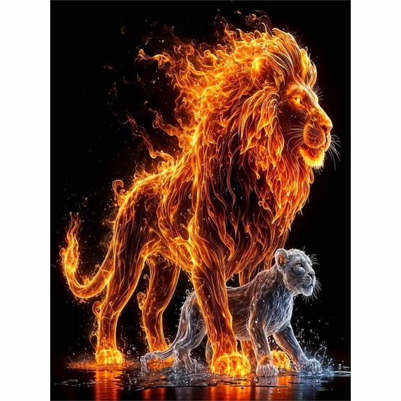 30x40cm/11.8x15.75in Flame & Water Element Lions 5D DIY Diamond Painting Kit - Mythical Contrast Art Full Drill Diamond Art