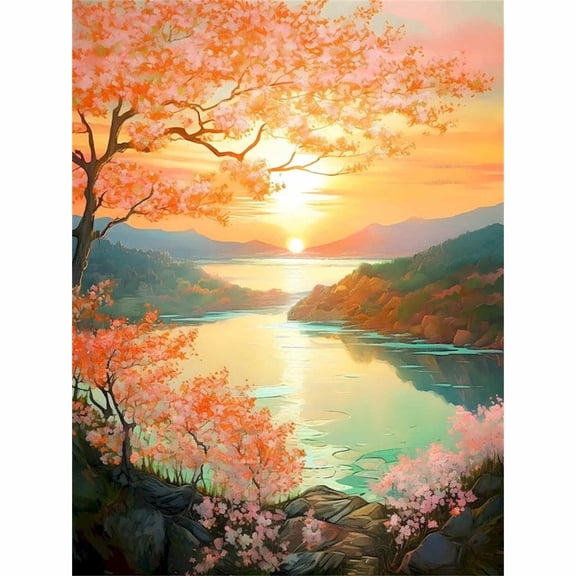 30x40cm/11.8x15.75in Sunset Lake with Orange Blossom Tree 5D DIY Diamond Painting Kit - Serene Landscape Full Drill Diamond Art for Home Decor