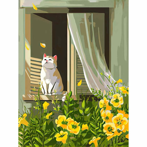 30x40cm/11.8x15.75in White Cat on Window Sill with Yellow Flowers 5D DIY Diamond Painting Kit - Cozy Cottagecore Style Full Drill Diamond Art