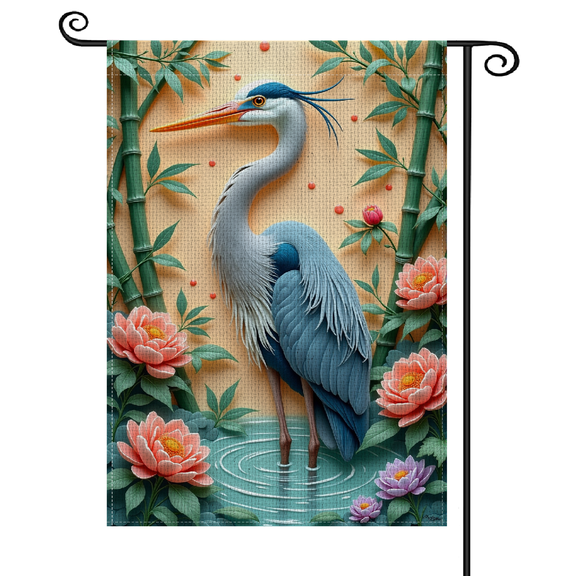 30x453D Embossed Heron Garden Flag Peony Floral Crane Yard Banner Zen Oriental Aesthetic Nature Garden Flag for Backyard Decor, Patio Decoration, Zen Garden Setup