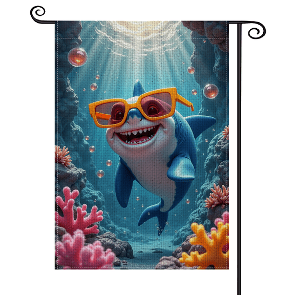 30x45Cartoon Shark Motif Garden Flag, Underwater Scene Yard Flag, Vivid Illustration Outdoor Banner for Backyard Decor, Poolside Celebration, Kids' Birthday Event