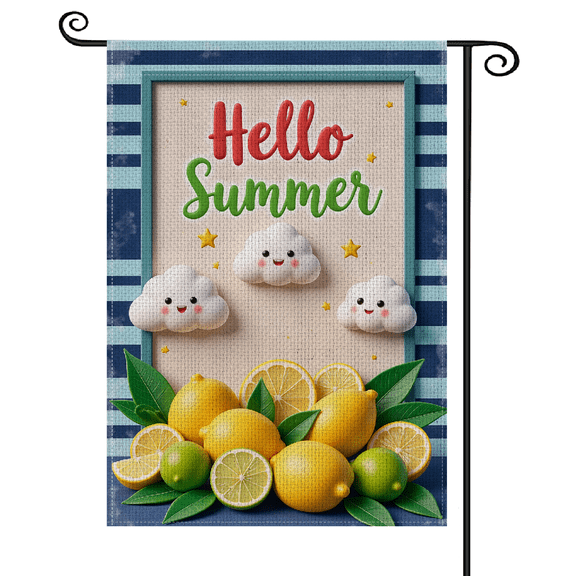 30x45Cheerful Hello Summer Garden Flag Cartoon Design Lemon Garden Banner 3D Visual Effect Green & Yellow Tone Citrus Themed Garden Flag for Garden Decoration Yard Display Outdoor Party