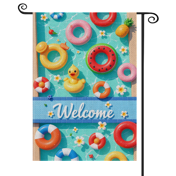 30x45Colorful Pool Float Themed Welcome Garden Flag Vibrant Rubber Duck Pattern Poolside Banner Tropical Styled Summer Yard Flag for Poolside Gathering Summer Party Backyard BBQ
