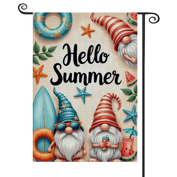 30x45Colorful Print Hello Summer Garden Flag Gnome Pattern Beach Yard Flag Coastal Design Tropical Outdoor Banner for Backyard Decoration Patio Display Summer Beach Gathering