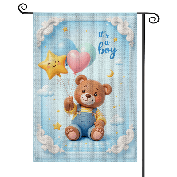 30x45Cute Style It's a Boy Garden Flag Teddy Bear Pattern Baby Shower Garden Banner Blue Color Scheme Starry Newborn Welcome Yard Flag for Baby Shower, Gender Reveal Party, Garden Decoration
