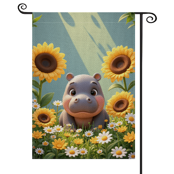 30x45Cute Style Garden Flag Cartoon Hippo Motif Yard Banner Pastel Color Scheme Floral Outdoor Garden Flag for Garden Decoration Yard Ornament Spring Celebration