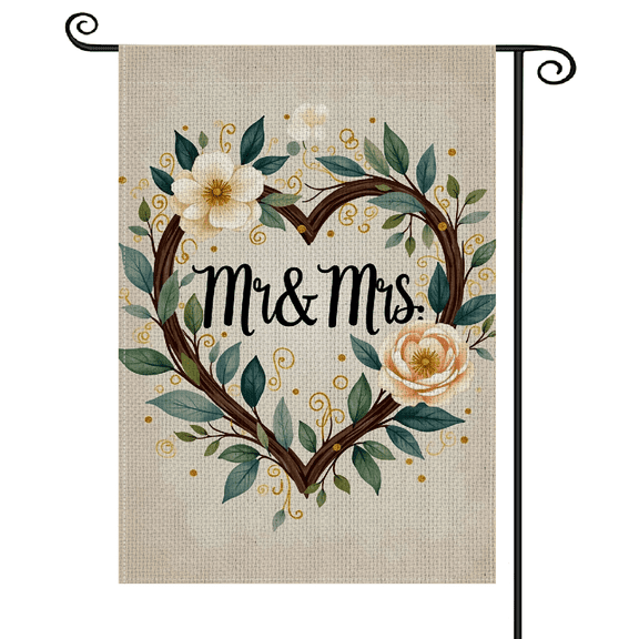 30x45Floral Heart Mr & Mrs Garden Flag Romantic Wedding Yard Flag Gold Scroll Accent Watercolor Floral Bridal Garden Banner for Wedding Ceremony Backyard Reception Bridal Shower