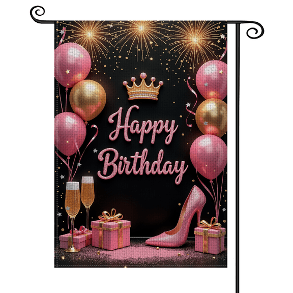 30x45Glittery Finish Garden Flag Pink & Gold Style Birthday Yard Flag Crown Pattern Balloon Design Princess Birthday Flag for Birthday Party Outdoor Garden Decor Backyard Celebration