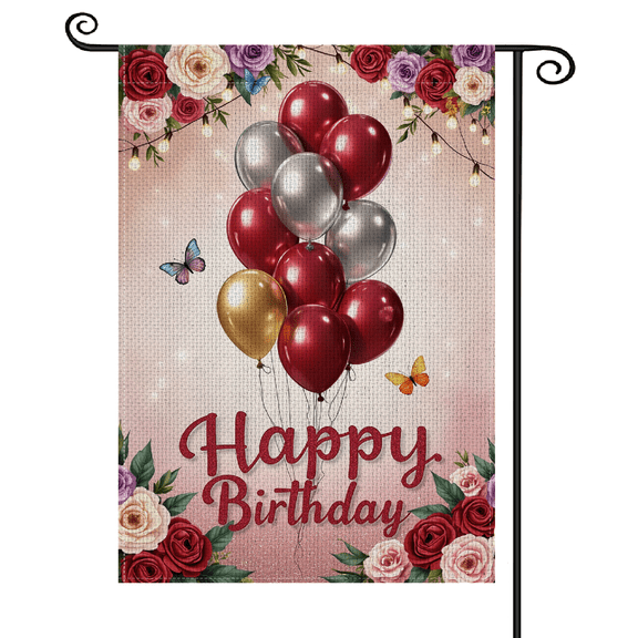 30x45Glittery Garden Flag Floral Border Birthday Party Banner Red & Gold Color Butterfly Accent Birthday Outdoor Flag for Birthday Party Backyard Celebration Outdoor Garden Decor