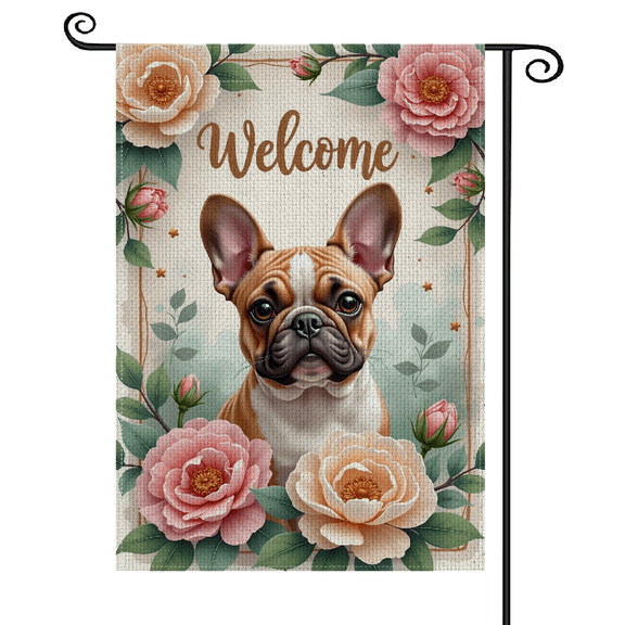 30x45Pastel Floral Welcome Garden Flag, French Bulldog Themed Yard Banner, Glittery Text Outdoor Flag for Front Garden Decor, Porch Decoration, Outdoor Greeting, Pet Lover Gathering