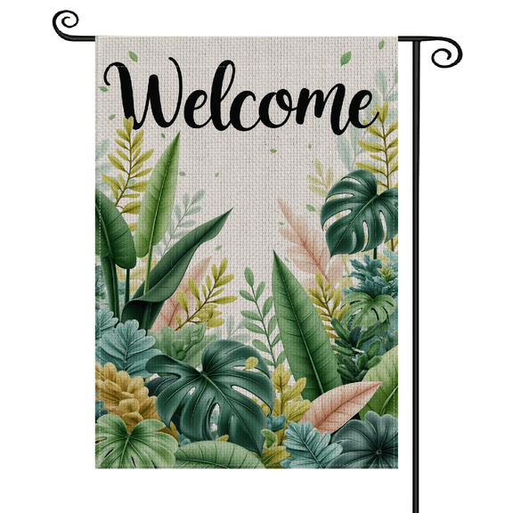 30x45Pastel Tone Welcome Garden Flag Jungle Leaf Pattern Botanical Yard Flag Watercolor Greenery Welcome Flag for Front Porch Decor Backyard Decoration Outdoor Gathering
