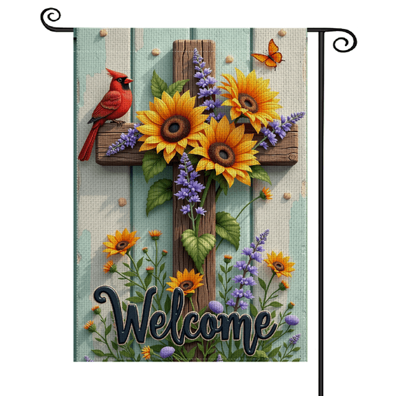 30x45Rustic Welcome Garden Flag Sunflower Pattern Welcome Yard Flag Lavender Accent Cardinal Bird Design Floral Welcome Banner for Front Porch Decor, Garden Entrance, Yard Decoration