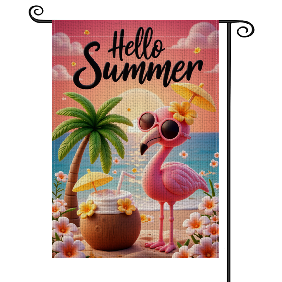 30x45Tropical Hello Summer Garden Flag, Cartoon Flamingo Garden Banner, Pink Tone Beach Themed Garden Flag for Backyard Decoration, Beach Party, Summer BBQ, Poolside Gathering