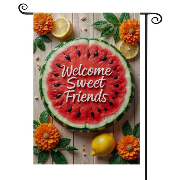 30x45Vibrant Color Watermelon Garden Flag 3D Text Effect Welcome Banner Rustic Wooden Background Friendly Slogan Flag for Front Porch Decor Backyard Gathering Summer Party Friend Reunion