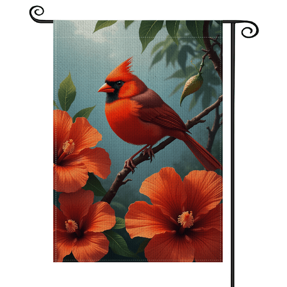 30x45Vibrant Red Garden Flag Realistic Cardinal Yard Banner Hibiscus Outdoor Flag Colorful Botanical Decor Flag for Backyard Landscaping, Patio Decoration, Bird Watcher Gift