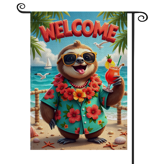 30x45Vibrant Tropical Welcome Garden Flag Cartoon Sloth Design Beach Banner Hawaiian Floral Coastal Welcome Flag for Front Yard Decor, Luau Party, Beach House Entrance