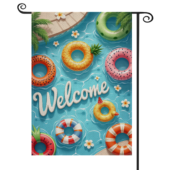 30x45Vibrant Tropical Welcome Garden Flag Fun Pool Float Pattern Summer Outdoor Banner for Backyard Pool Party Front Yard Welcome Summer Gathering